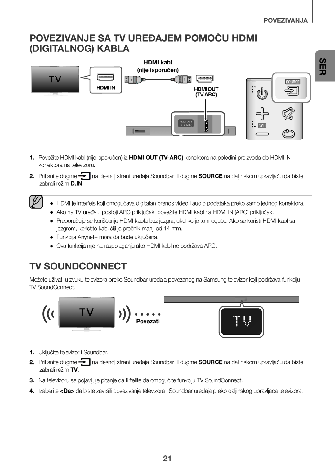 Samsung HW-K550/ZF, HW-K551/EN manual Povezivanje SA TV Uređajem Pomoću Hdmi Digitalnog Kabla, Izabrali režim D.IN, Povezati 