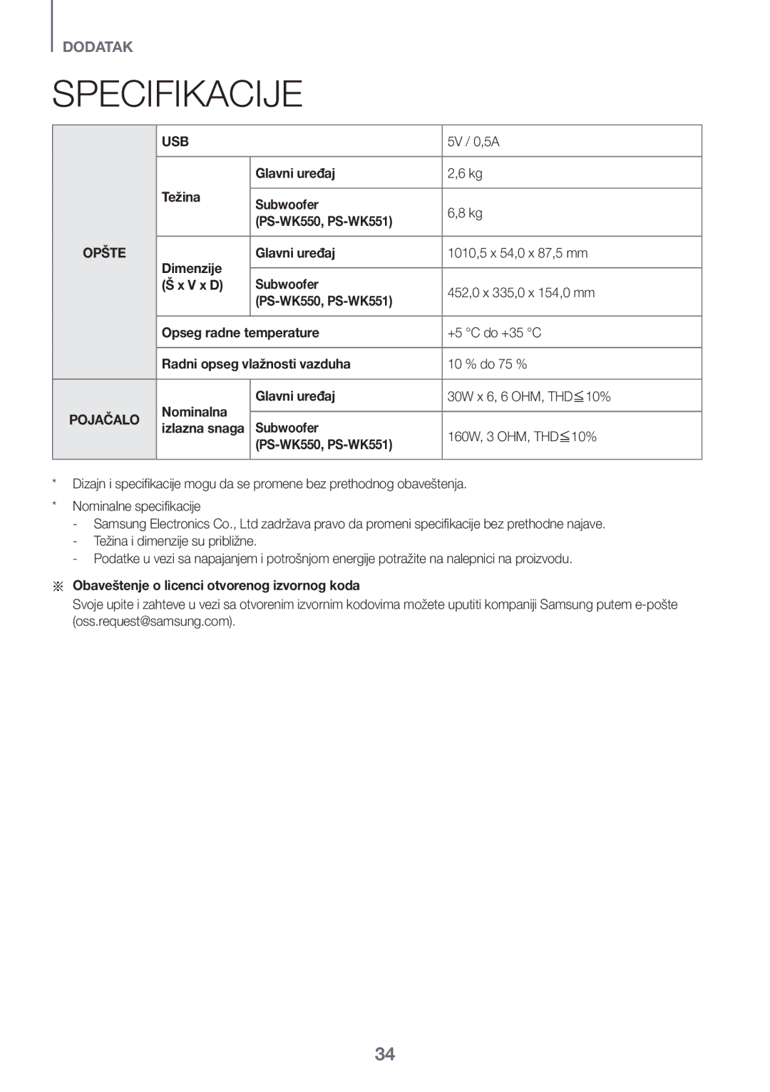 Samsung HW-K561/XE manual Specifikacije, Težina Glavni uređaj Subwoofer, Aa Obaveštenje o licenci otvorenog izvornog koda 