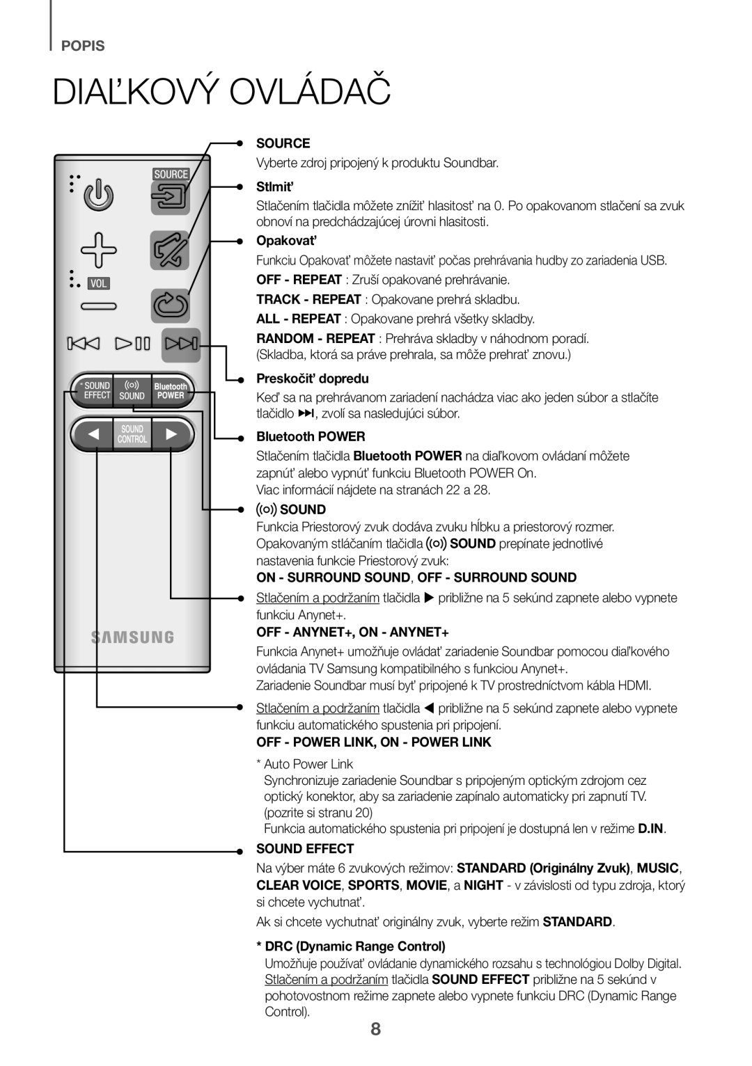 Samsung HW-K551/ZF, HW-K551/EN, HW-K550/EN, HW-K550/ZF, HW-K561/XE manual Diaľkový Ovládač, Stlmiť, Opakovať, Preskočiť dopredu 