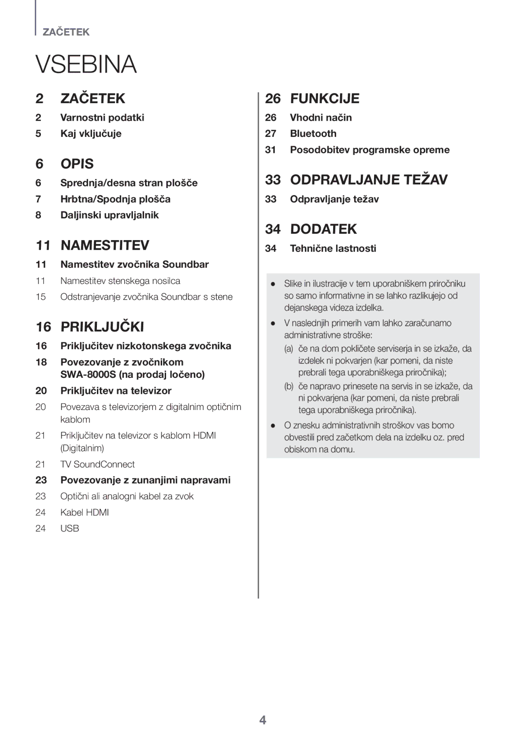 Samsung HW-K561/XE, HW-K551/EN, HW-K550/EN, HW-K551/ZF manual Vsebina, Povezovanje z zvočnikom SWA-8000S na prodaj ločeno 