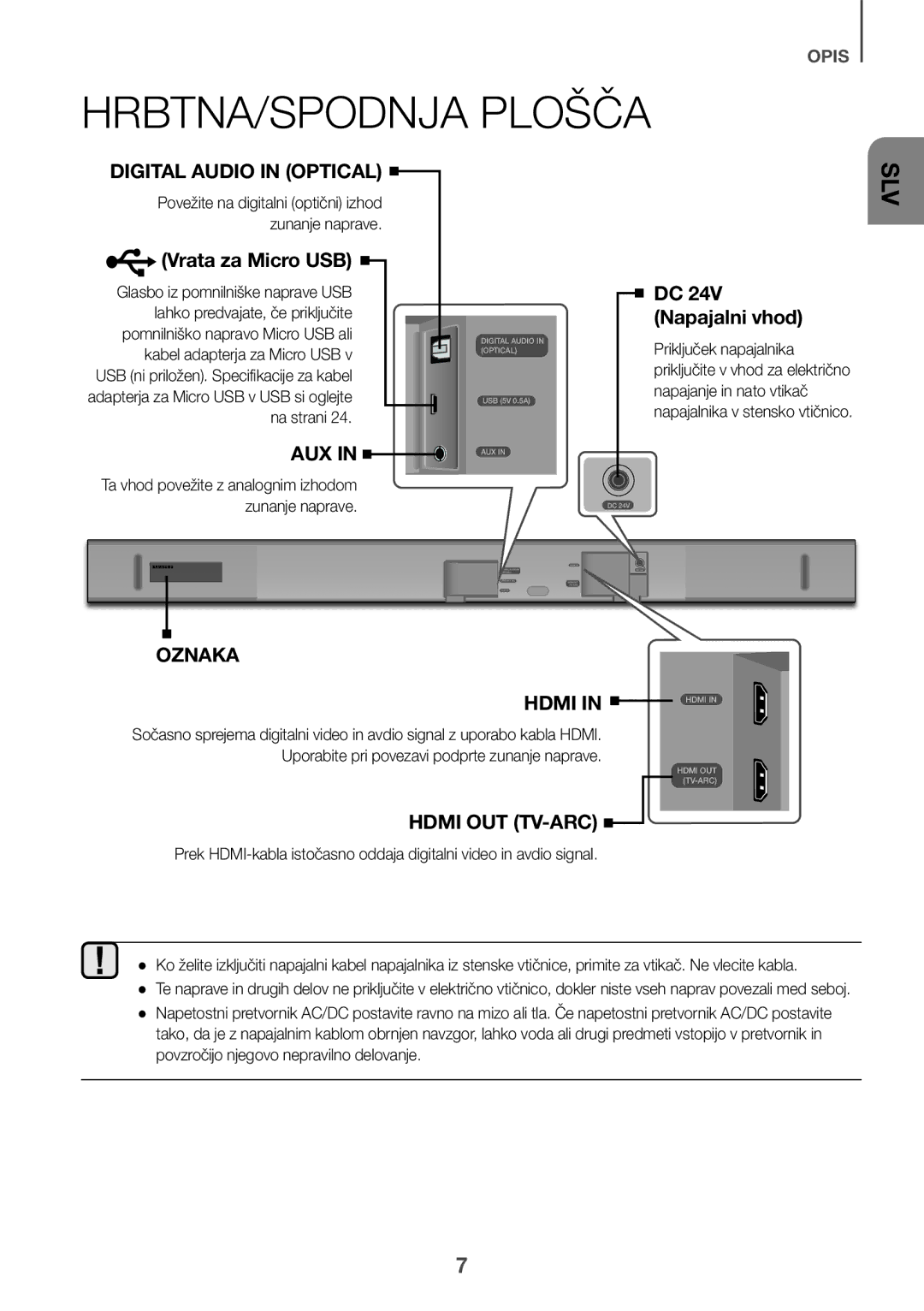 Samsung HW-K550/EN, HW-K551/EN, HW-K551/ZF, HW-K550/ZF manual HRBTNA/SPODNJA Plošča, Vrata za Micro USB, DC 24V Napajalni vhod 