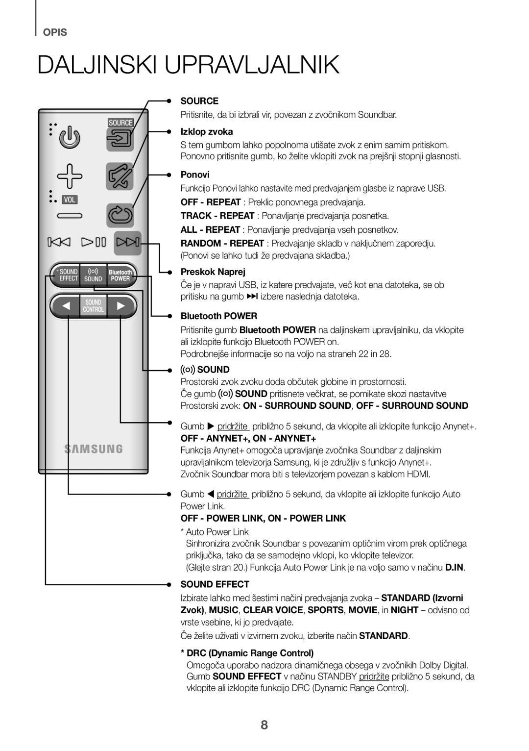 Samsung HW-K551/ZF, HW-K551/EN, HW-K550/EN, HW-K550/ZF, HW-K561/XE manual Daljinski Upravljalnik, Izklop zvoka, Preskok Naprej 