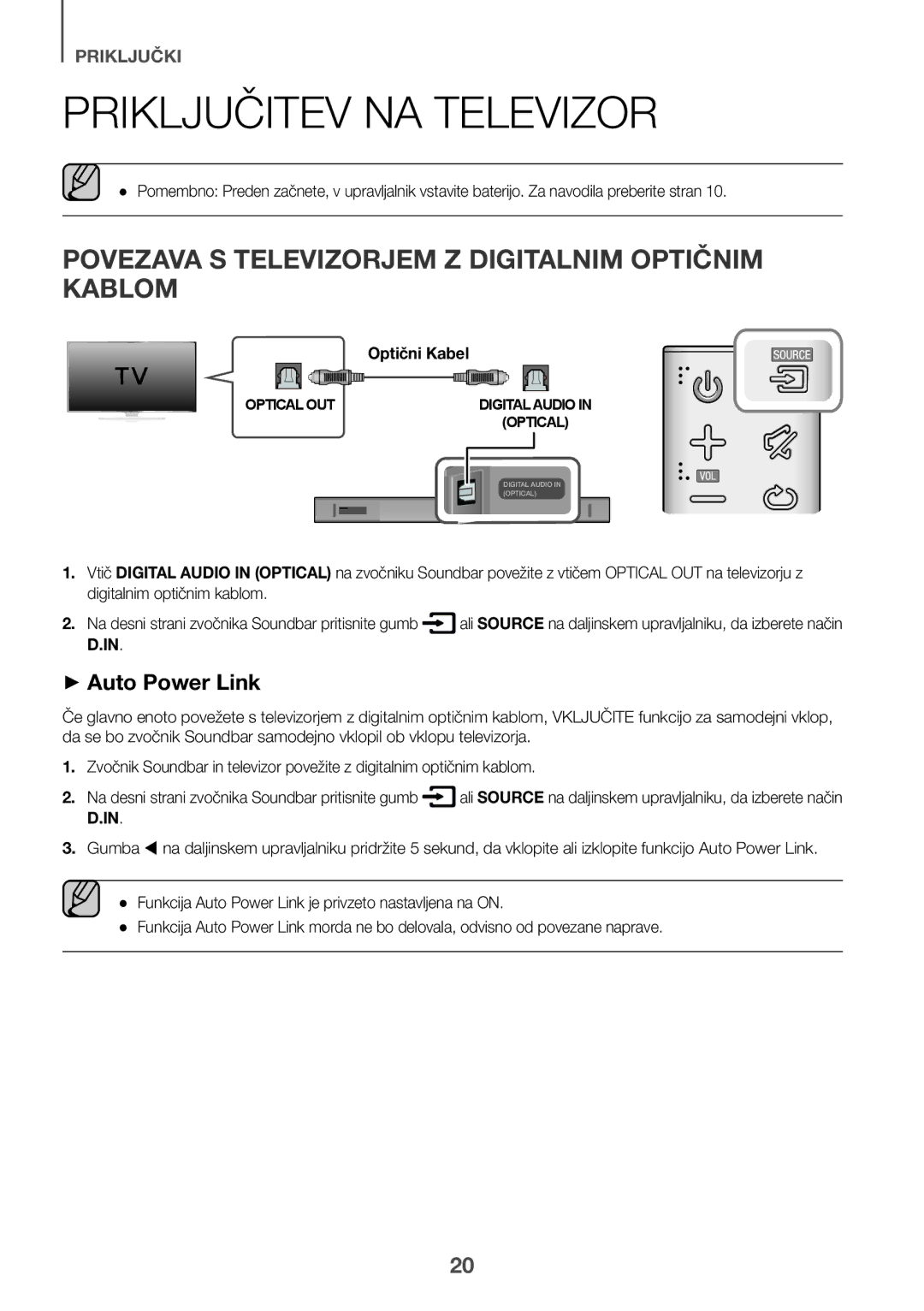 Samsung HW-K551/ZF, HW-K551/EN, HW-K550/EN Priključitev NA Televizor, Povezava S Televizorjem Z Digitalnim Optičnim Kablom 