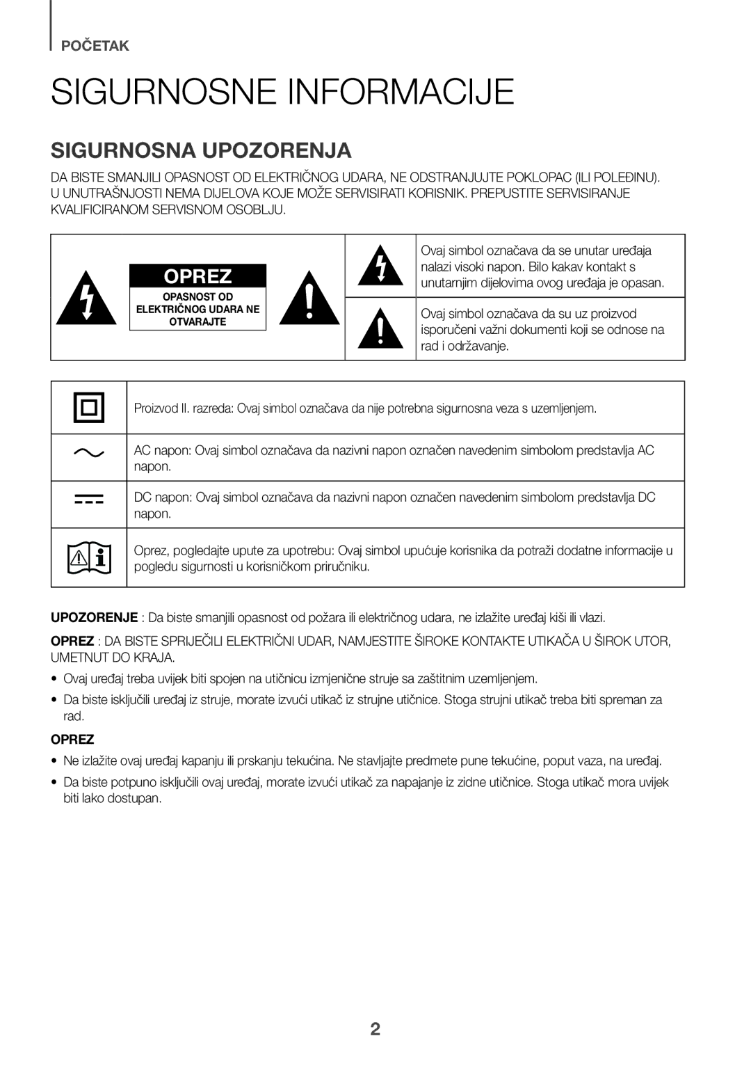 Samsung HW-K551/ZF, HW-K551/EN, HW-K550/EN, HW-K550/ZF, HW-K561/XE manual Sigurnosne Informacije, Sigurnosna Upozorenja, Oprez 