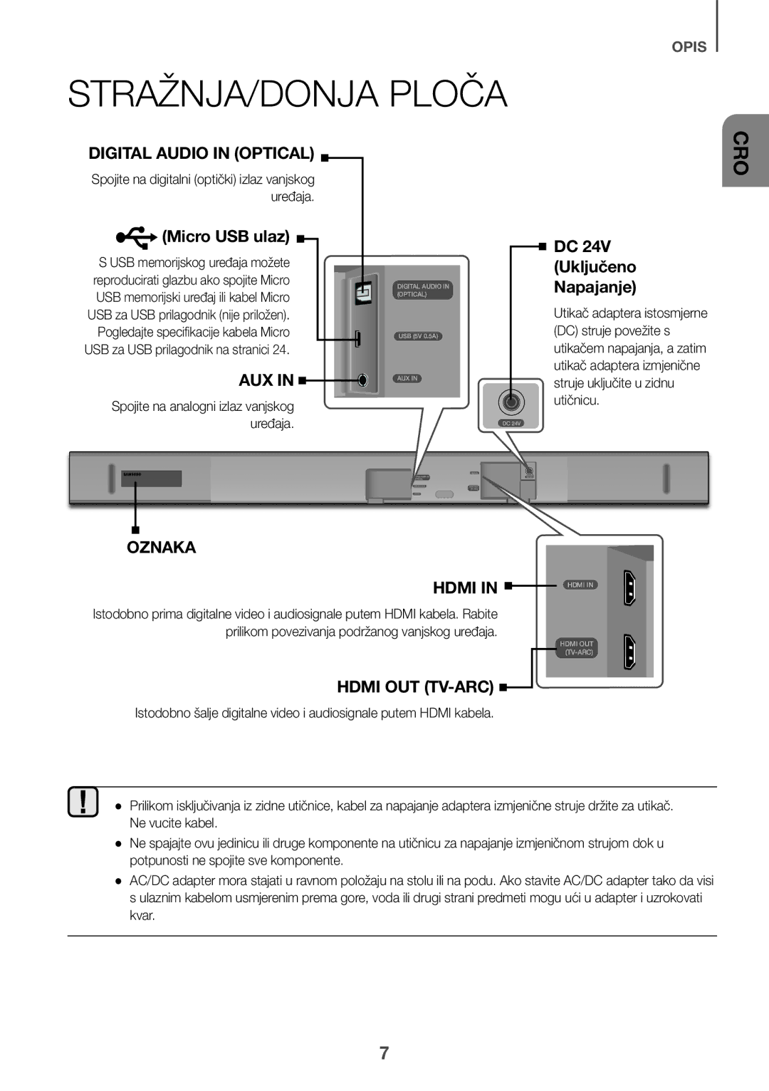 Samsung HW-K550/EN, HW-K551/EN, HW-K551/ZF, HW-K550/ZF manual STRAŽNJA/DONJA Ploča, Micro USB ulaz, DC 24V Uključeno Napajanje 