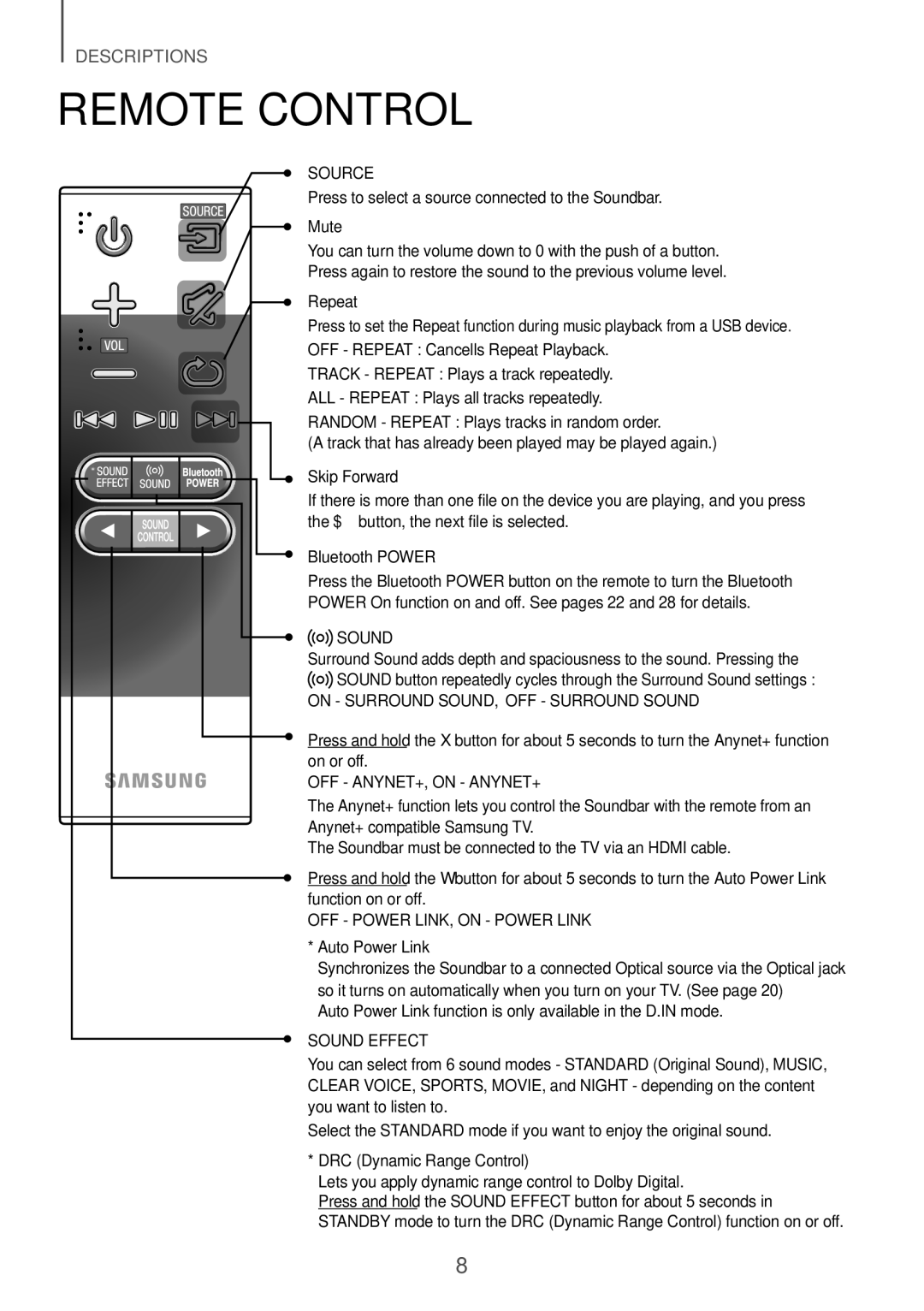 Samsung HW-K551/ZF, HW-K551/EN, HW-K550/EN, HW-K550/ZF, HW-K561/XE, HW-K560/XE manual Remote Control 