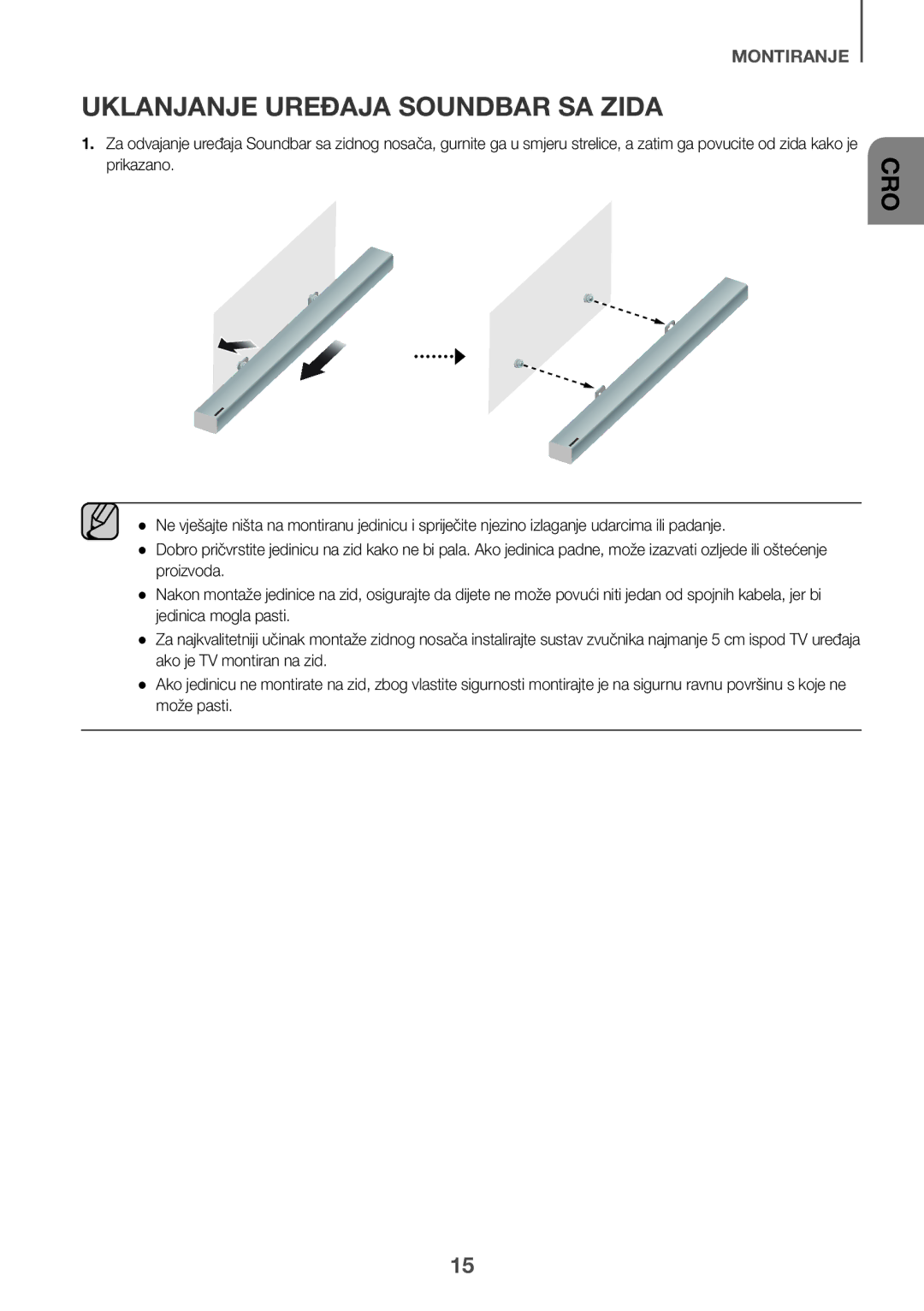 Samsung HW-K550/ZF, HW-K551/EN, HW-K550/EN, HW-K551/ZF, HW-K561/XE, HW-K560/XE manual Uklanjanje Uređaja Soundbar SA Zida 