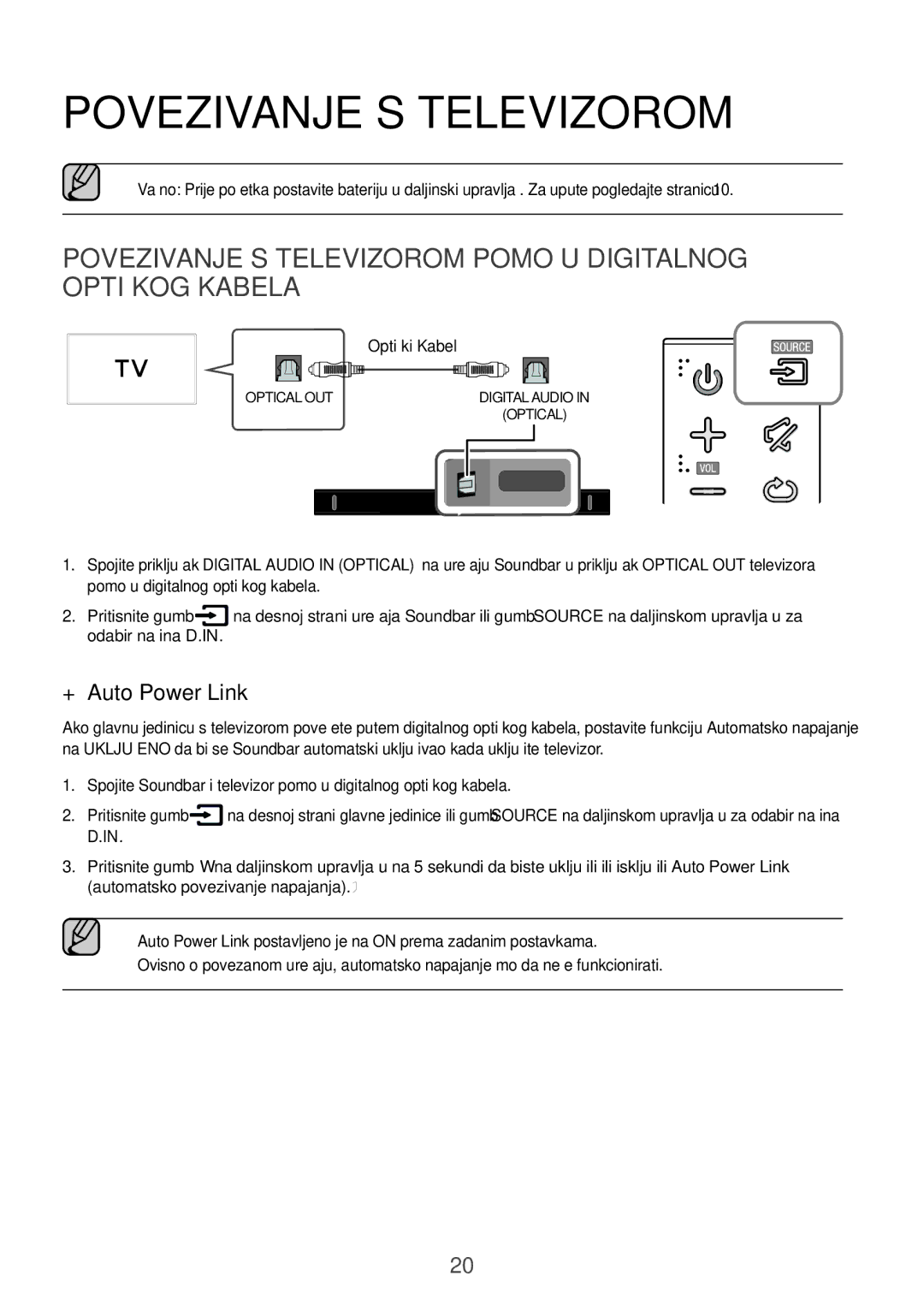 Samsung HW-K551/ZF, HW-K551/EN, HW-K550/EN, HW-K550/ZF manual Povezivanje S Televizorom Pomoću Digitalnog Optičkog Kabela 