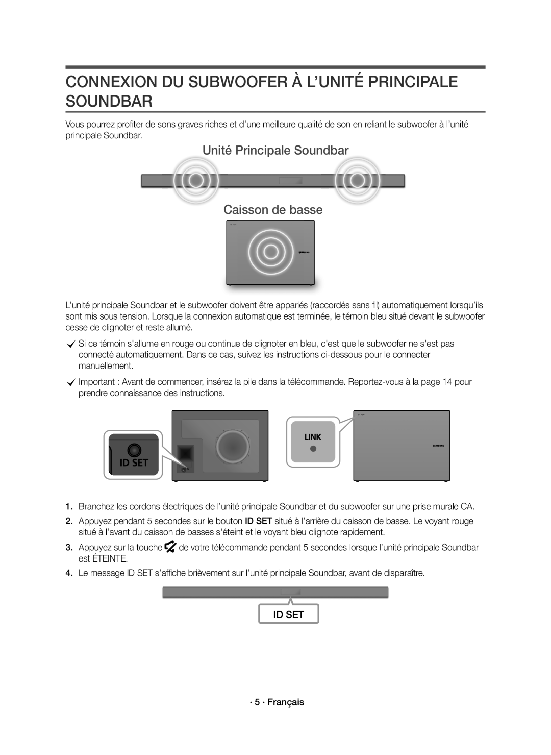 Samsung HW-K551/ZF manual Connexion DU Subwoofer À L’UNITÉ Principale Soundbar, Unité Principale Soundbar Caisson de basse 