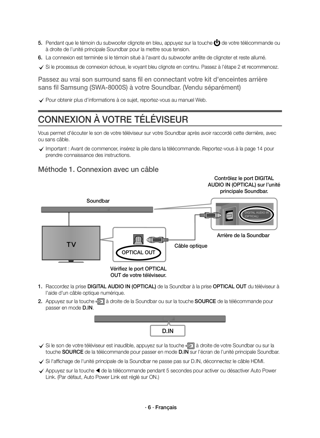 Samsung HW-K550/ZF Connexion À Votre Téléviseur, Méthode 1. Connexion avec un câble, Arrière de la Soundbar Câble optique 