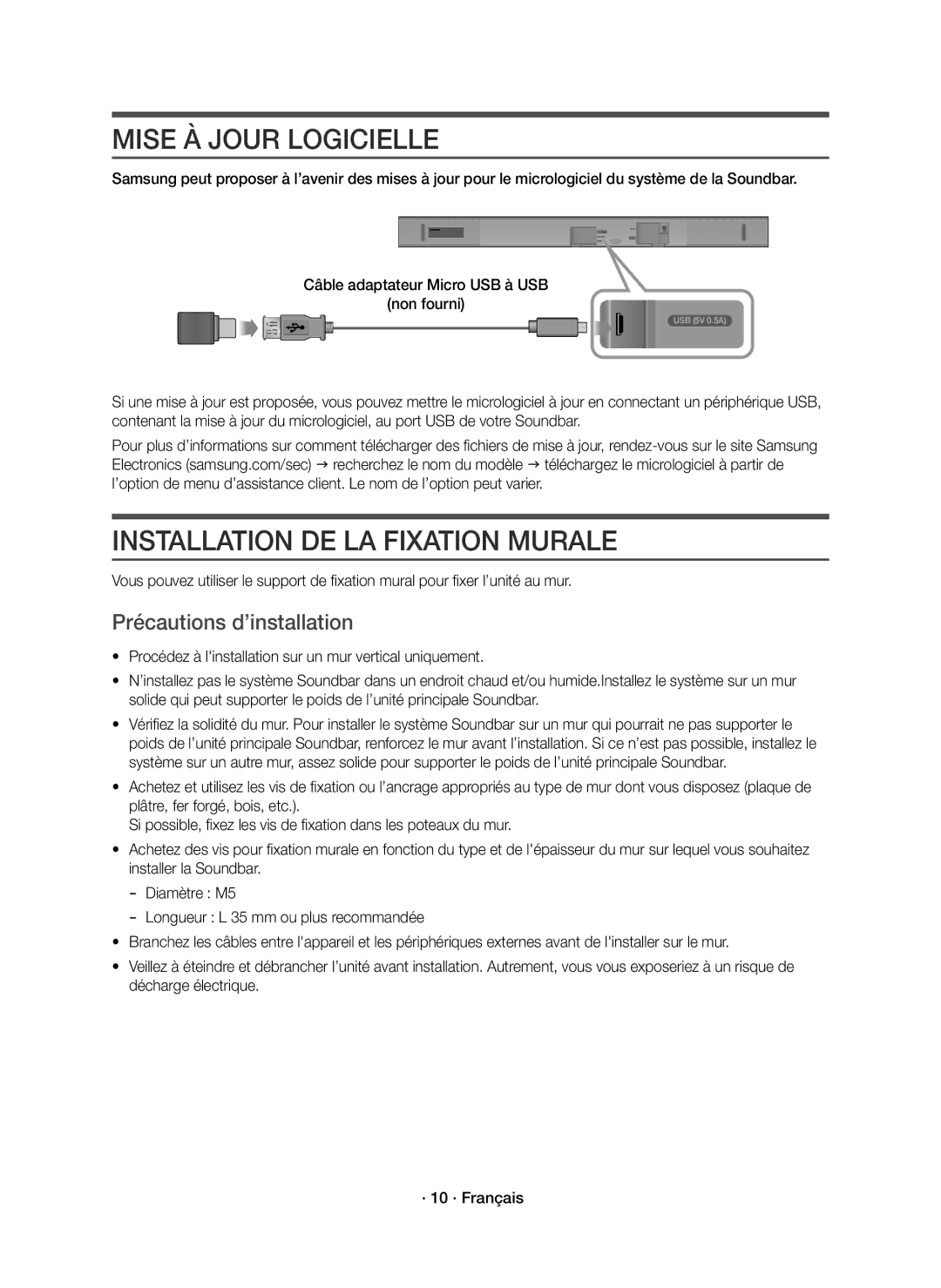 Samsung HW-K550/ZF, HW-K551/EN manual Mise À Jour Logicielle, Installation DE LA Fixation Murale, Précautions d’installation 