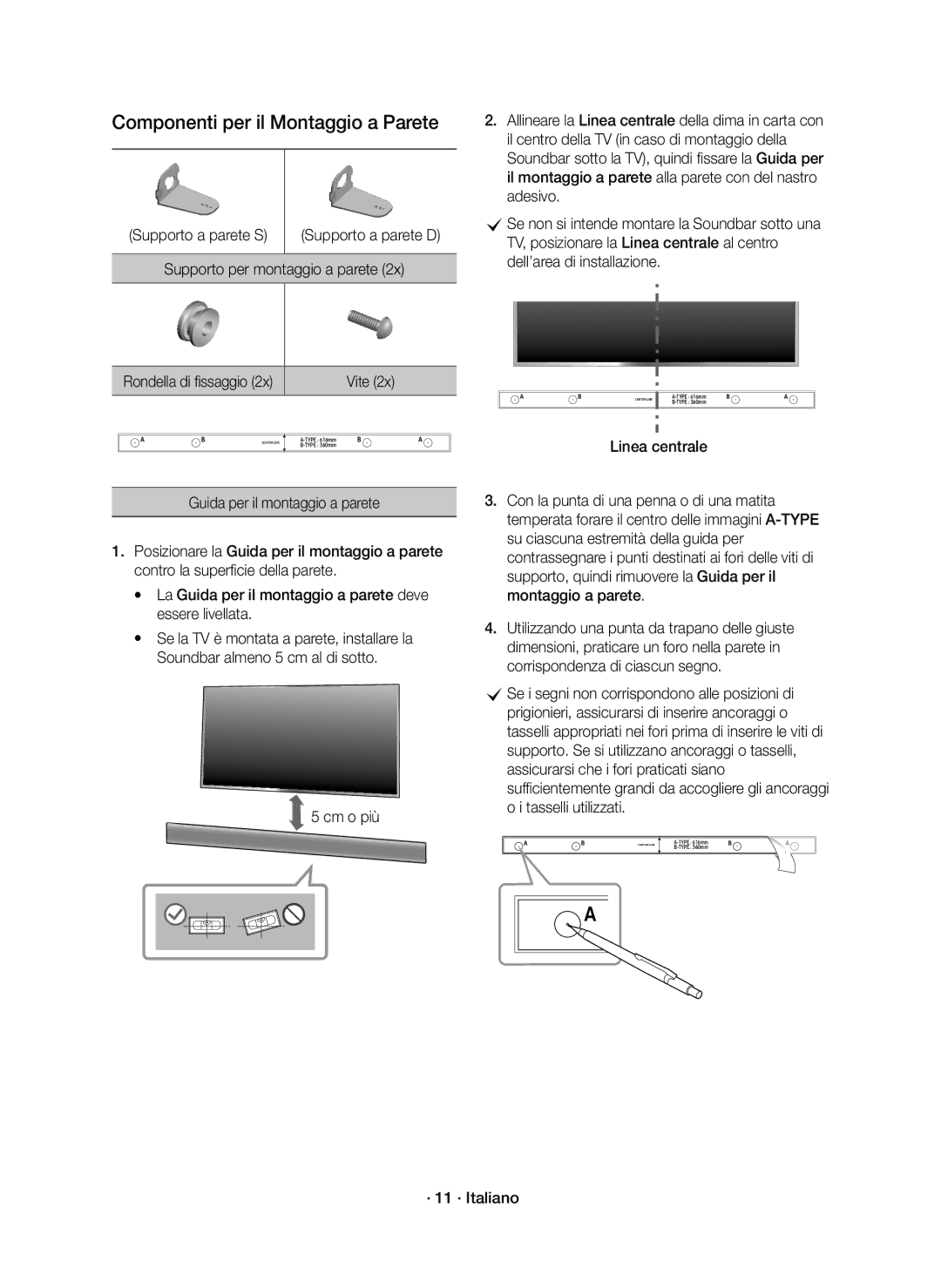 Samsung HW-K550/EN, HW-K551/EN, HW-K551/ZF, HW-K550/ZF manual Cm o più, · 11 · Italiano 