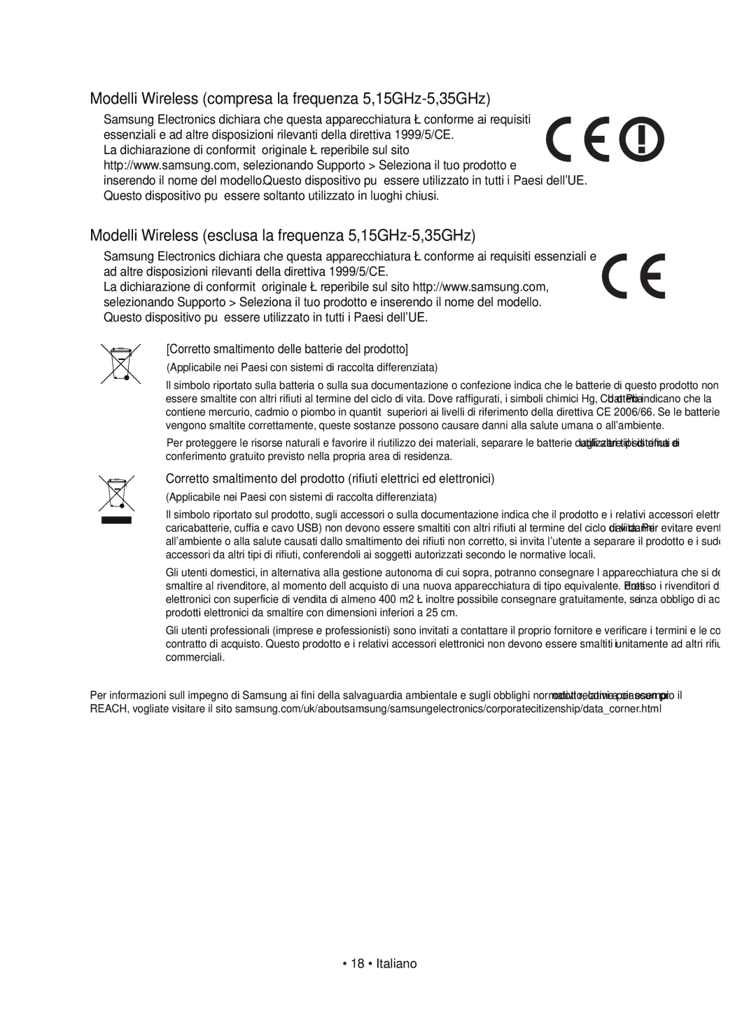 Samsung HW-K551/EN, HW-K550/EN, HW-K551/ZF manual Modelli Wireless compresa la frequenza 5,15GHz-5,35GHz, · 18 · Italiano 