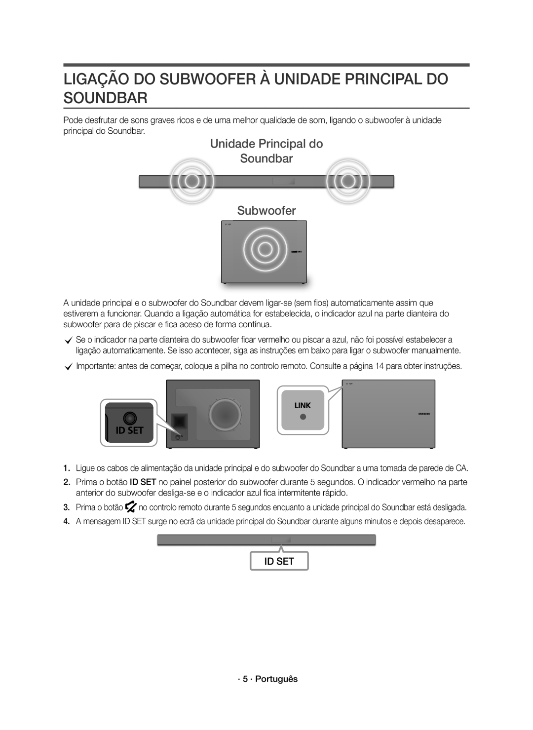 Samsung HW-K551/EN manual Ligação do Subwoofer À Unidade Principal do Soundbar, Unidade Principal do Soundbar Subwoofer 