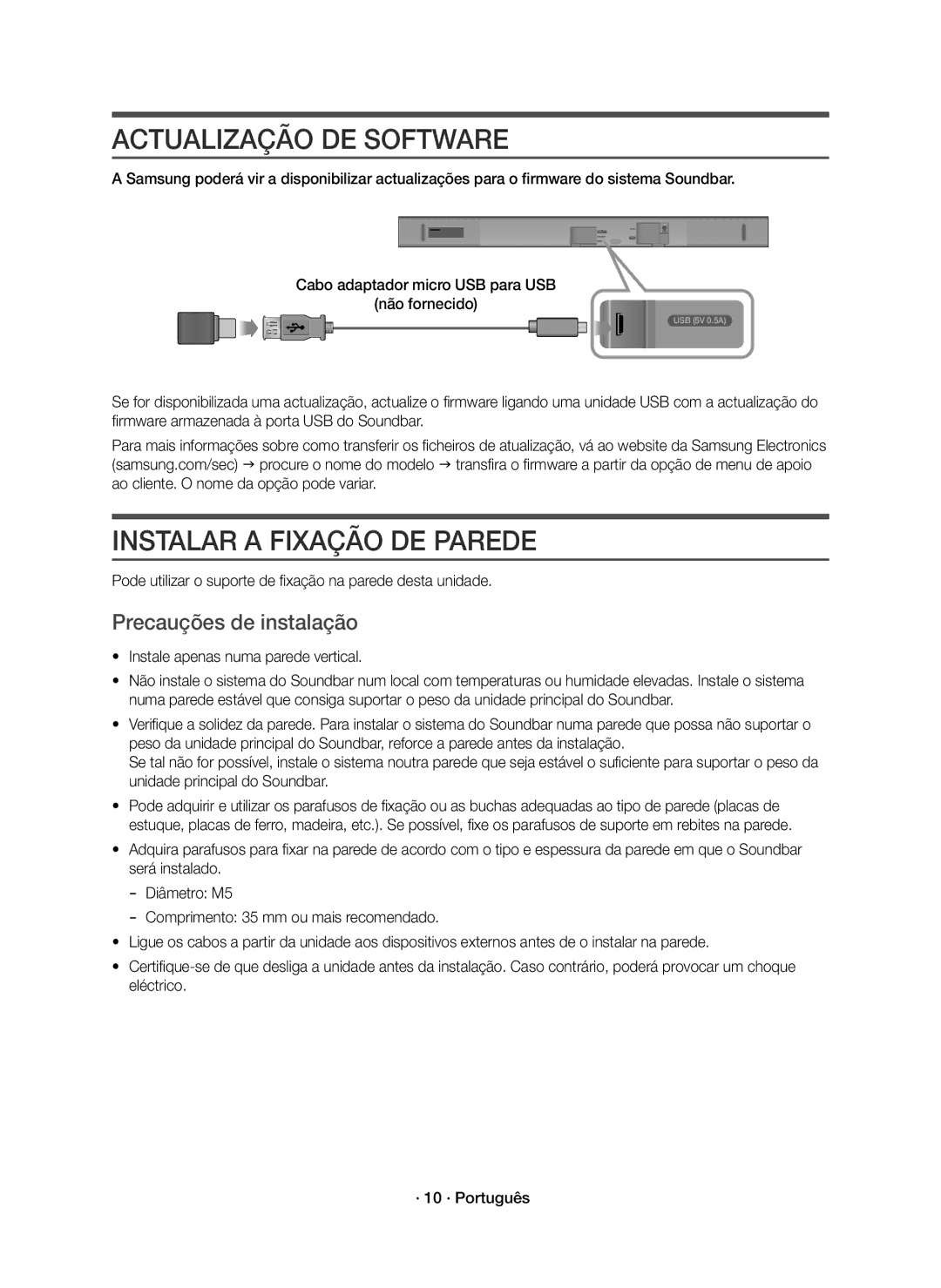 Samsung HW-K550/EN, HW-K551/EN, HW-K551/ZF Actualização DE Software, Instalar a Fixação DE Parede, Precauções de instalação 