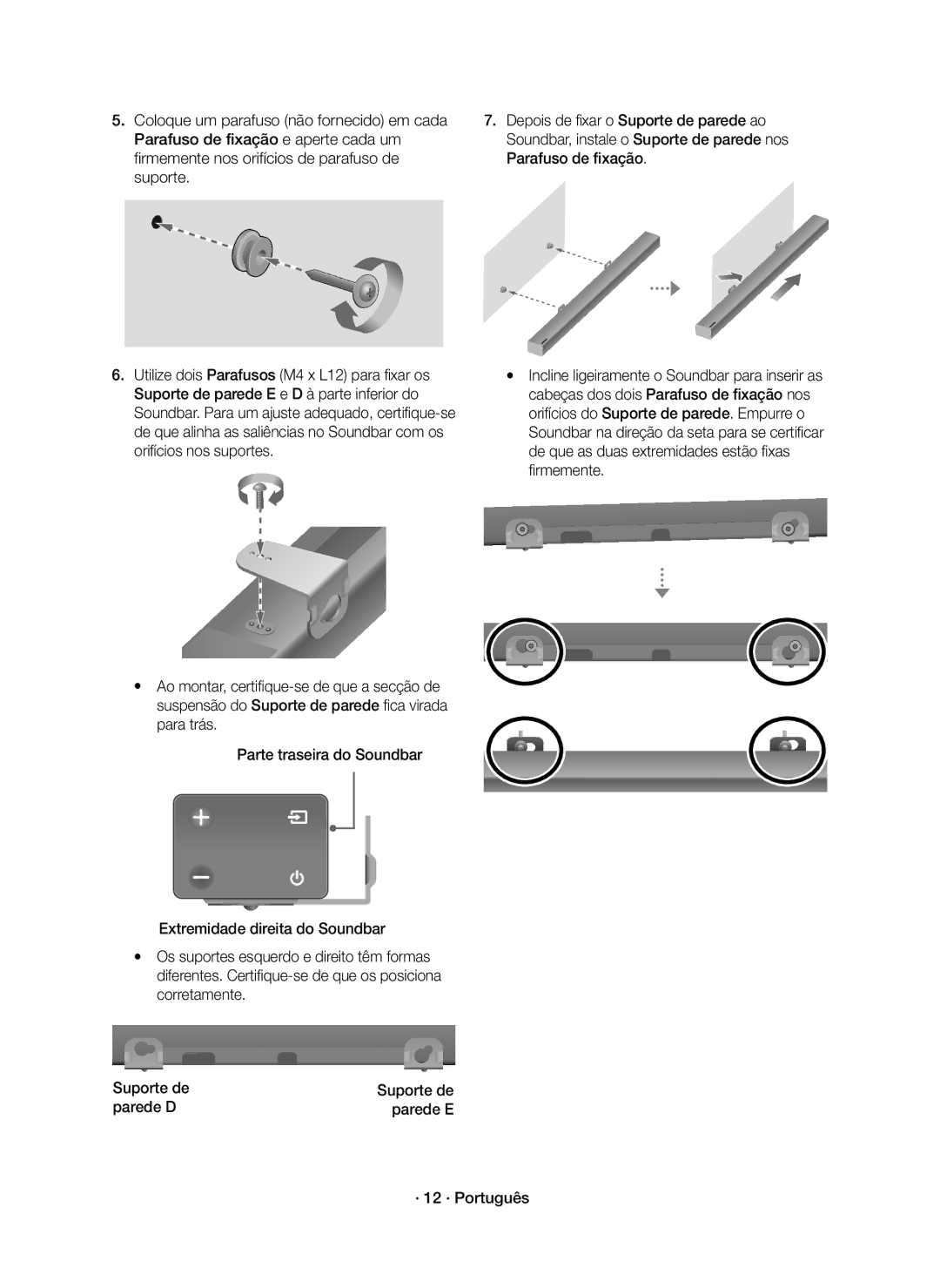 Samsung HW-K550/ZF, HW-K551/EN, HW-K550/EN, HW-K551/ZF manual Parede D Parede E · 12 · Português 