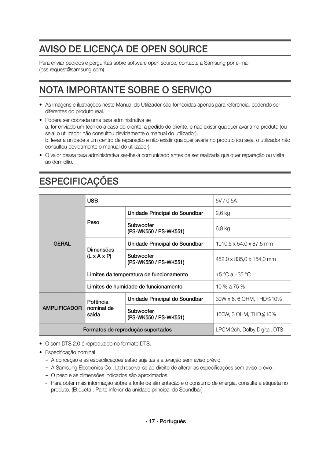 Samsung HW-K551/EN manual Aviso DE Licença DE Open Source, Nota Importante Sobre O Serviço, Especificações, Amplificador 