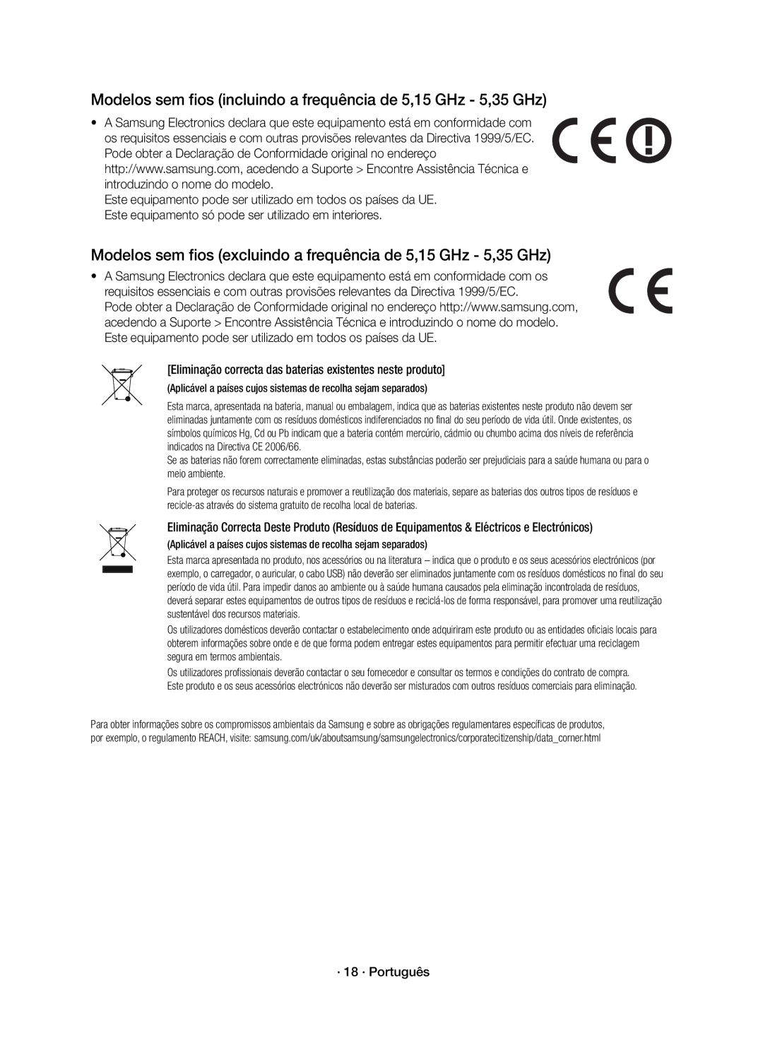 Samsung HW-K550/EN, HW-K551/EN, HW-K551/ZF manual Eliminação correcta das baterias existentes neste produto, · 18 · Português 