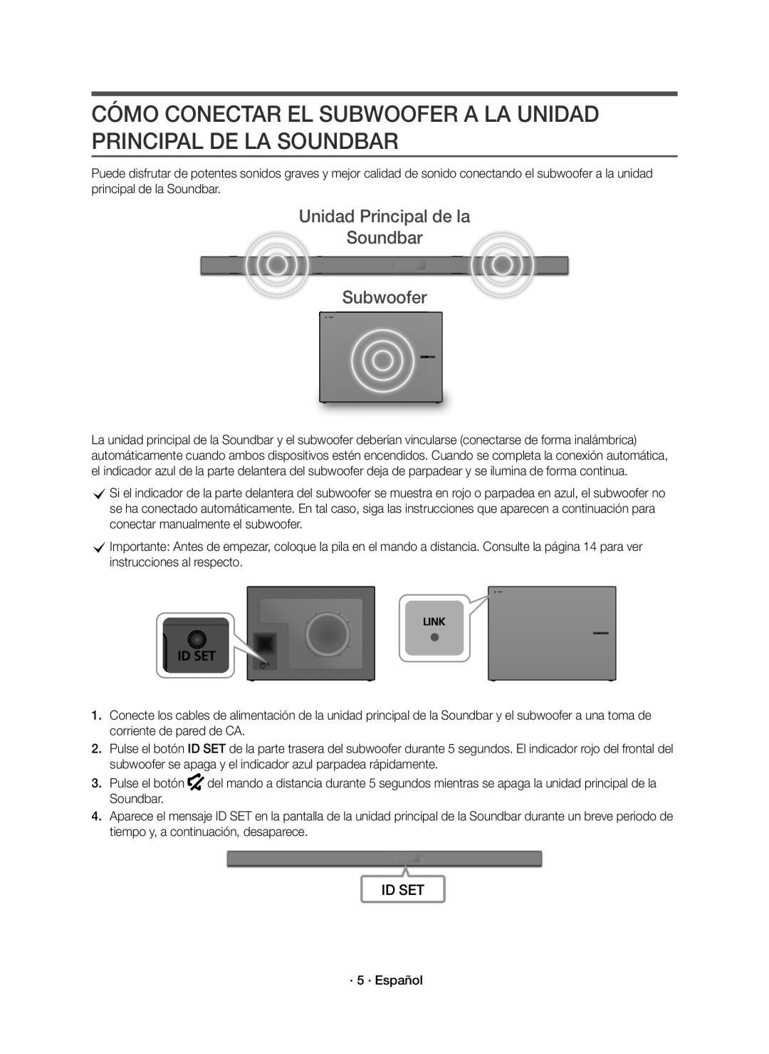 Samsung HW-K550/EN, HW-K551/EN, HW-K551/ZF, HW-K550/ZF manual Unidad Principal de la Soundbar Subwoofer, · 5 · Español 