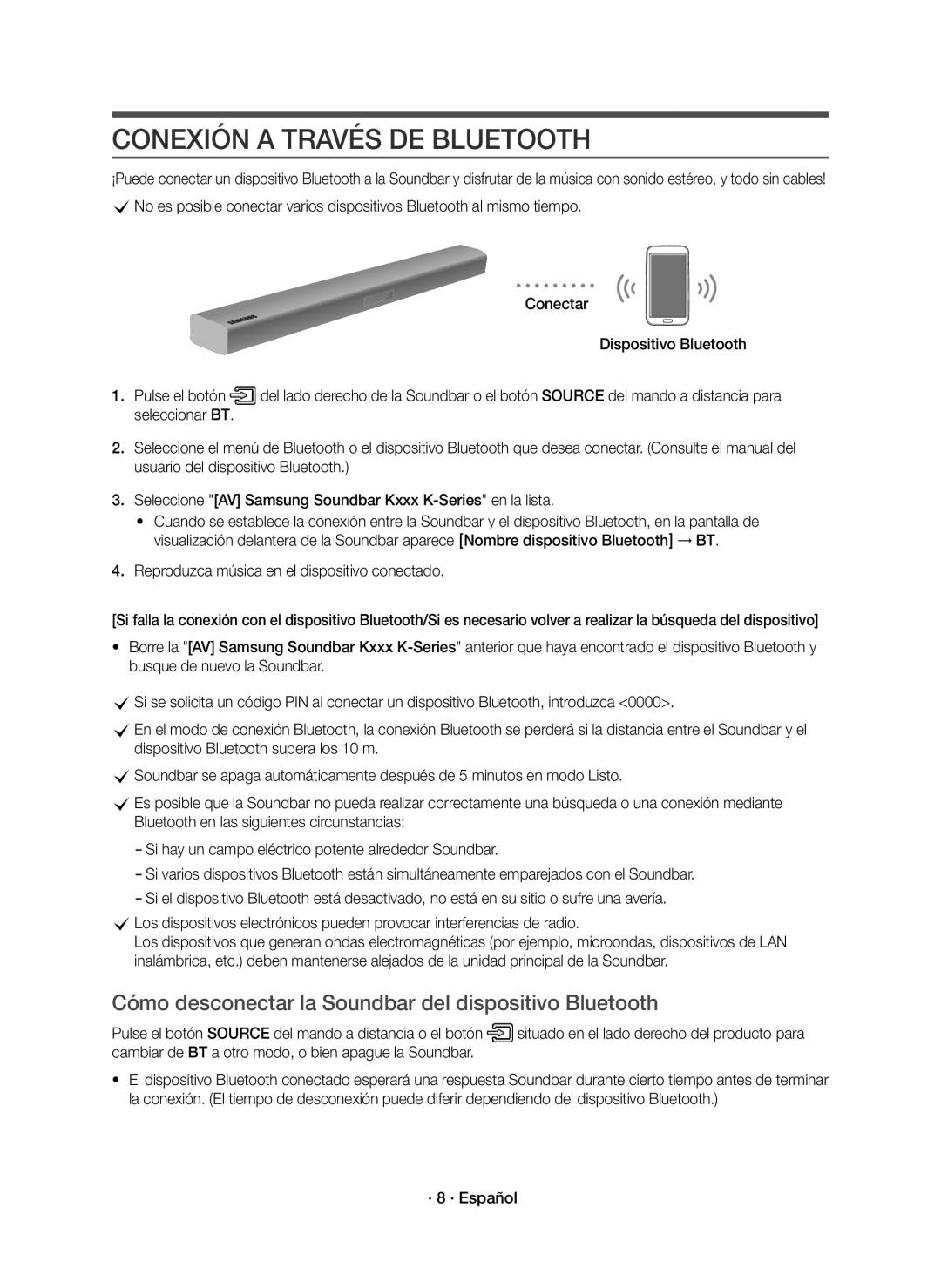 Samsung HW-K551/EN Conexión a Través DE Bluetooth, Cómo desconectar la Soundbar del dispositivo Bluetooth, · 8 · Español 