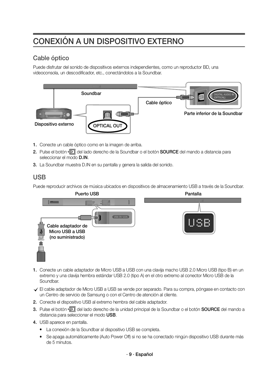 Samsung HW-K550/EN, HW-K551/EN, HW-K551/ZF, HW-K550/ZF manual Conexión a UN Dispositivo Externo, Puerto USB Pantalla 