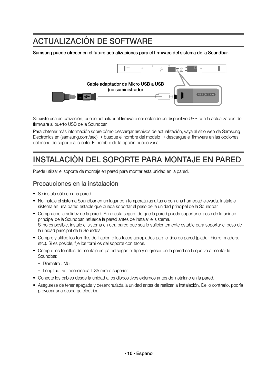 Samsung HW-K551/ZF Actualización DE Software, Instalación DEL Soporte Para Montaje EN Pared, Se instala sólo en una pared 