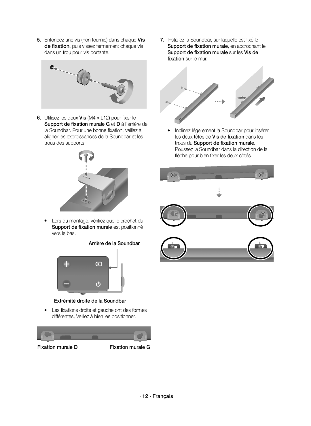 Samsung HW-K551/EN, HW-K550/EN manual Fixation murale D, · 12 · Français 