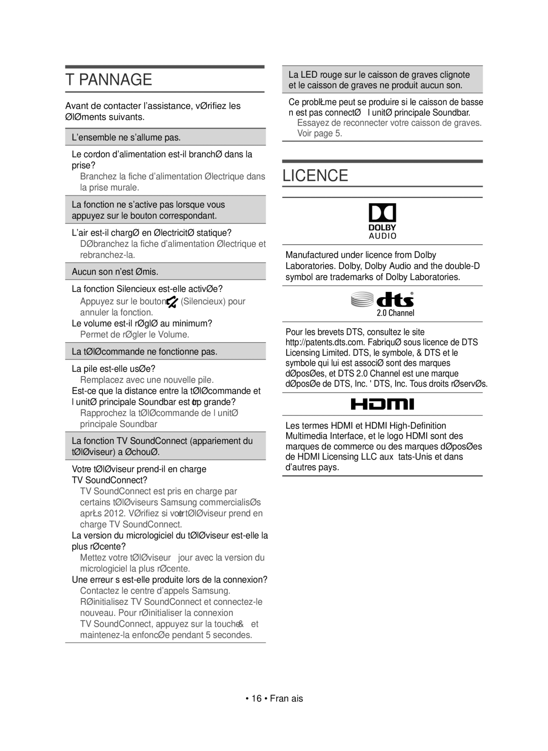 Samsung HW-K551/EN, HW-K550/EN manual Tépannage 