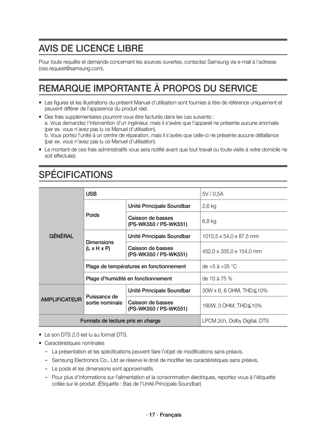 Samsung HW-K550/EN manual Avis DE Licence Libre, Remarque Importante À Propos DU Service, Spécifications, Amplificateur 