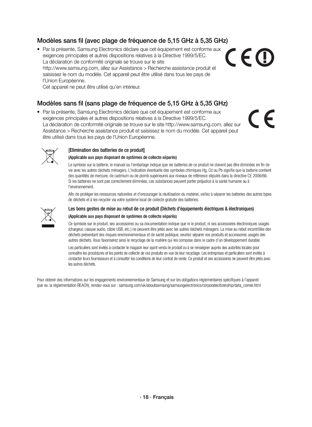 Samsung HW-K551/EN, HW-K550/EN Cet appareil ne peut être utilisé quen intérieur, Elimination des batteries de ce produit 