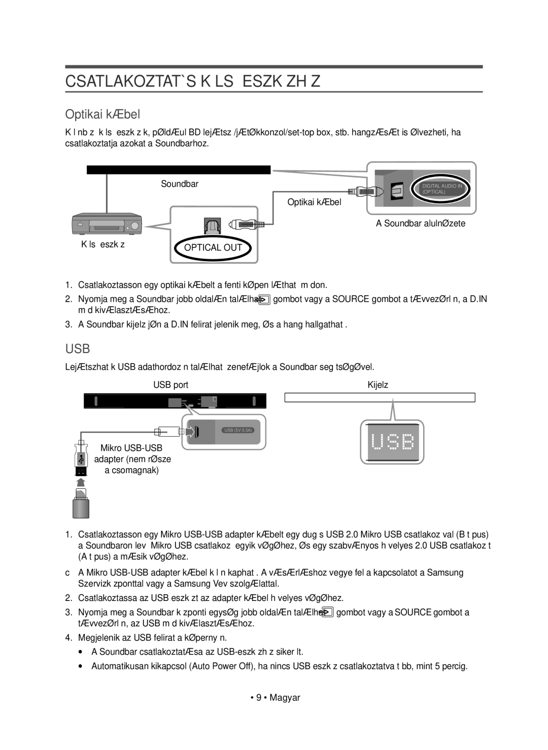 Samsung HW-K550/EN, HW-K551/EN manual Csatlakoztatás Külső Eszközhöz, Optikai kábel Soundbar alulnézete Külső eszköz 