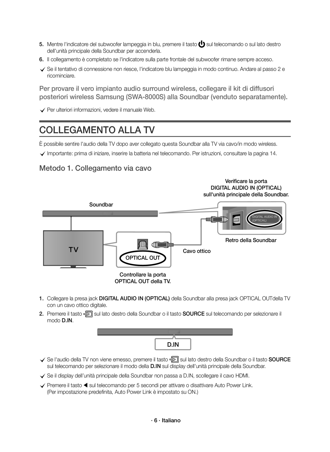 Samsung HW-K550/EN, HW-K551/EN manual Collegamento Alla TV, Metodo 1. Collegamento via cavo, Digital Audio in Optical 