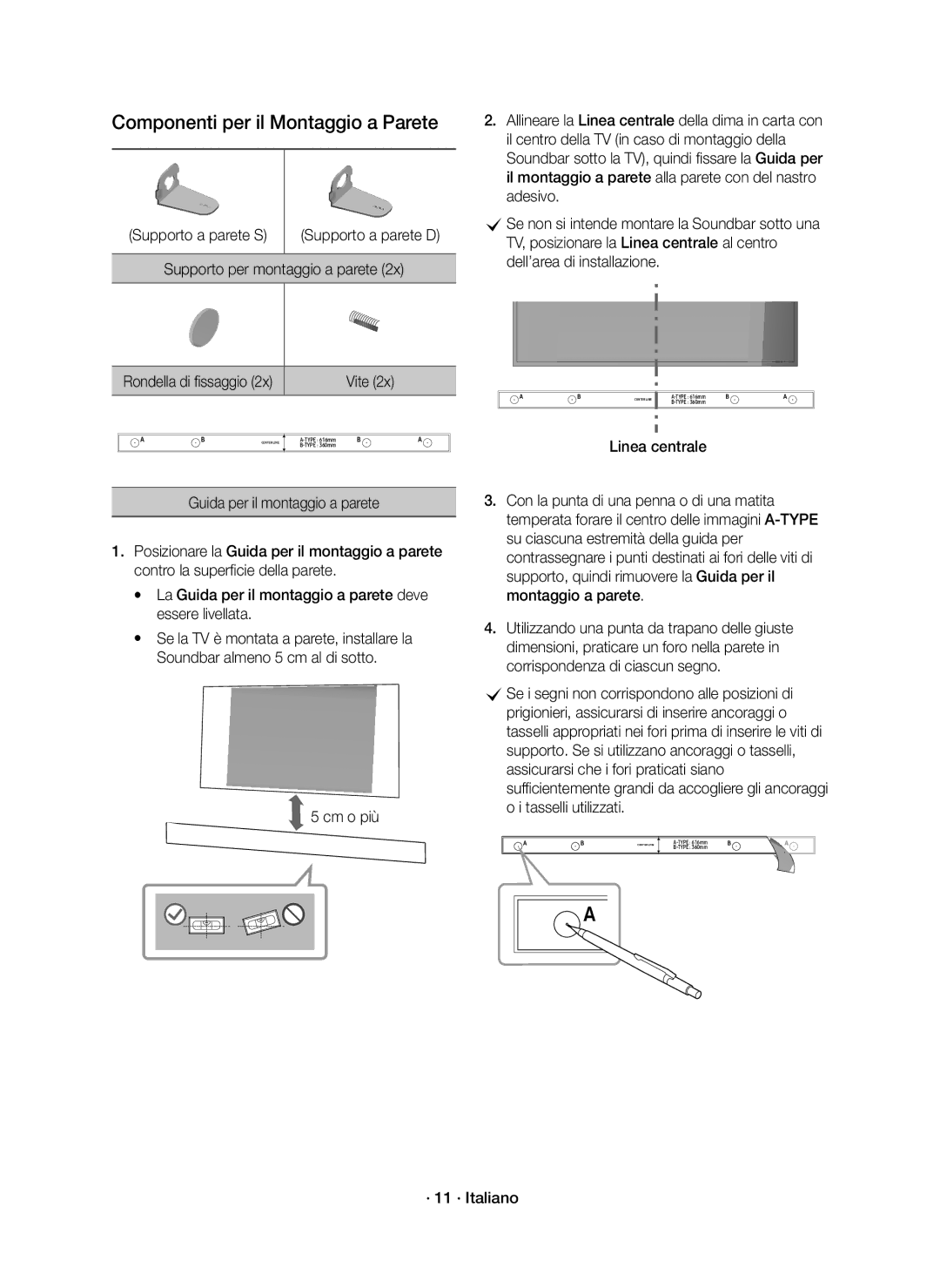 Samsung HW-K551/EN, HW-K550/EN manual Componenti per il Montaggio a Parete, Cm o più, · 11 · Italiano 