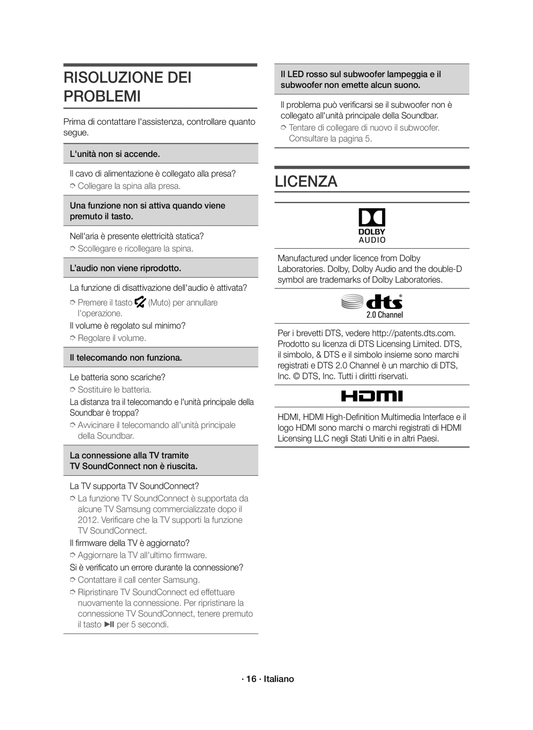 Samsung HW-K550/EN, HW-K551/EN manual Risoluzione DEI Problemi, Licenza 