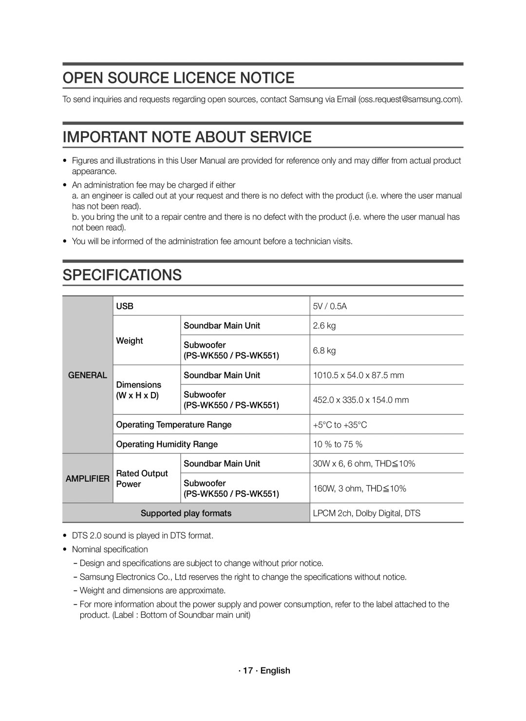 Samsung HW-K550/EN, HW-K551/EN Open Source Licence Notice, Important Note about Service, Specifications, Usb, Amplifier 