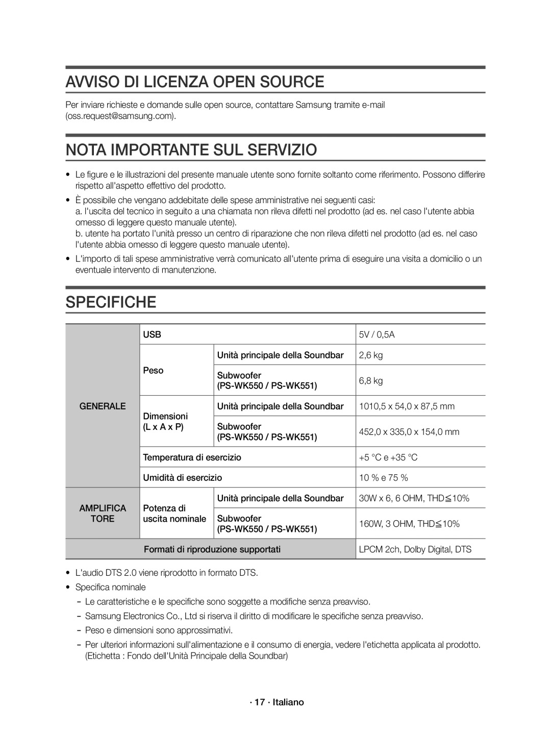 Samsung HW-K551/EN, HW-K550/EN manual Avviso DI Licenza Open Source, Nota Importante SUL Servizio, Specifiche 