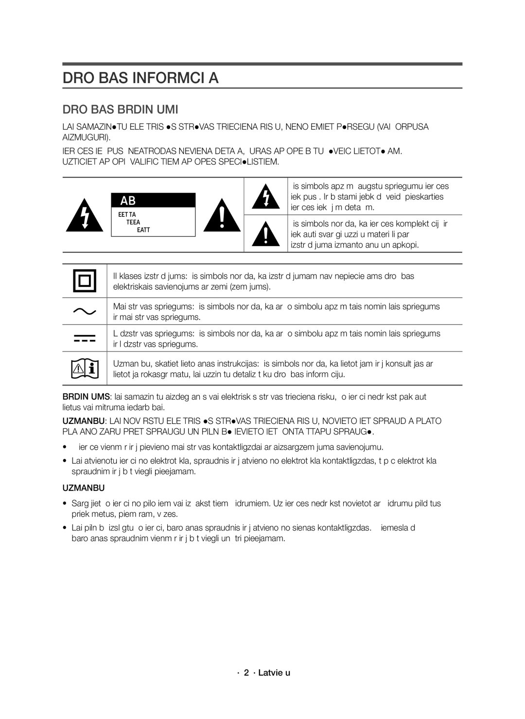 Samsung HW-K551/EN, HW-K550/EN manual Drošības Informācija, Drošības Brīdinājumi, Uzmanību 