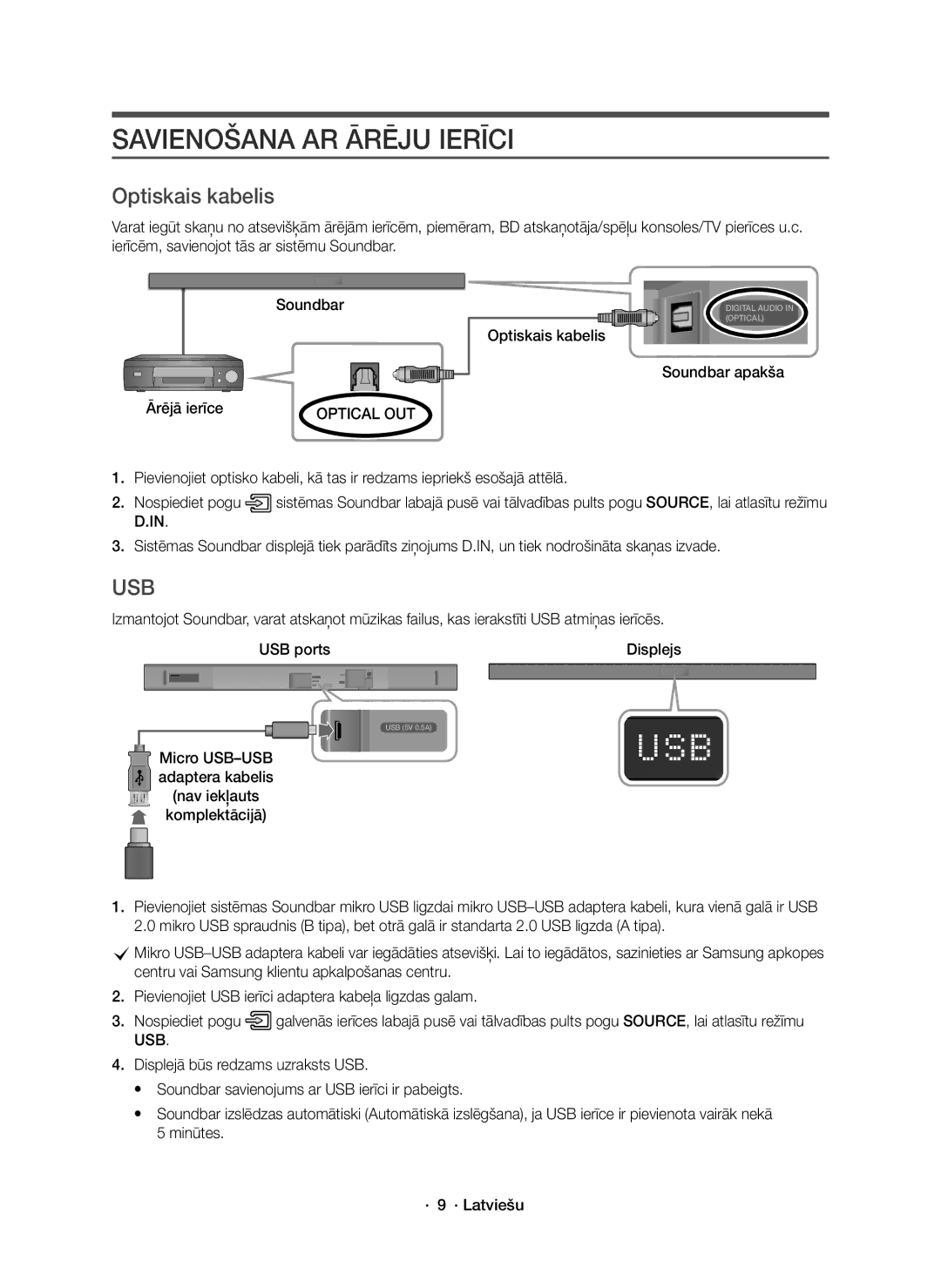 Samsung HW-K550/EN, HW-K551/EN manual Savienošana AR Ārēju Ierīci, Optiskais kabelis Soundbar apakša Ārējā ierīce 