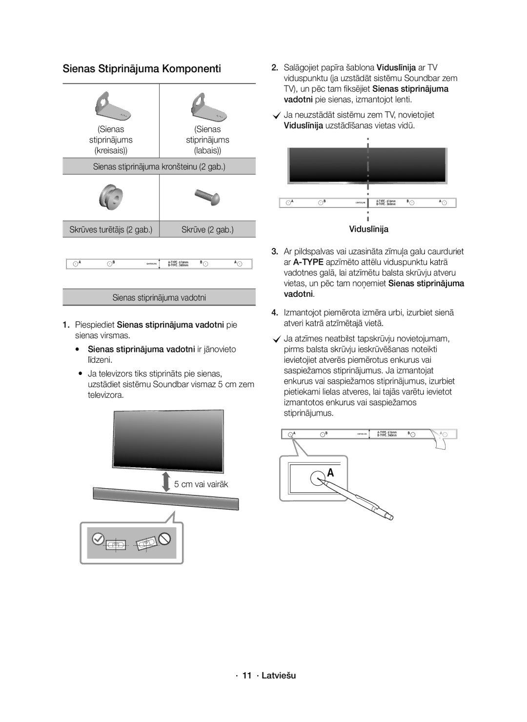 Samsung HW-K550/EN, HW-K551/EN manual Sienas Stiprinājuma Komponenti, · 11 · Latviešu 