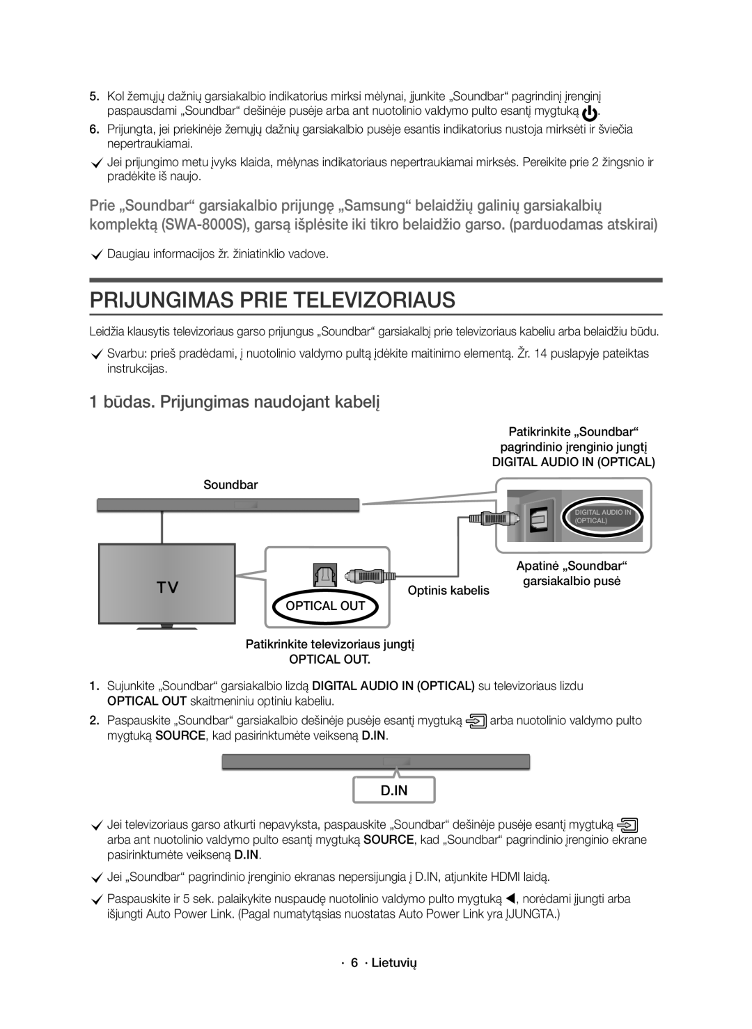 Samsung HW-K550/EN, HW-K551/EN manual Prijungimas Prie Televizoriaus, Būdas. Prijungimas naudojant kabelį 