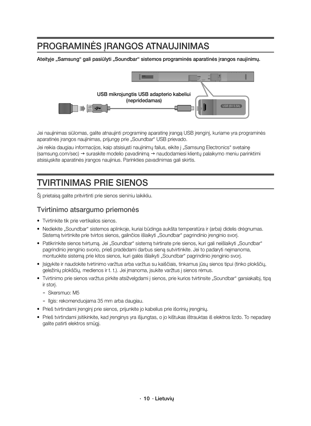 Samsung HW-K550/EN, HW-K551/EN Programinės Įrangos Atnaujinimas, Tvirtinimas Prie Sienos, Tvirtinimo atsargumo priemonės 