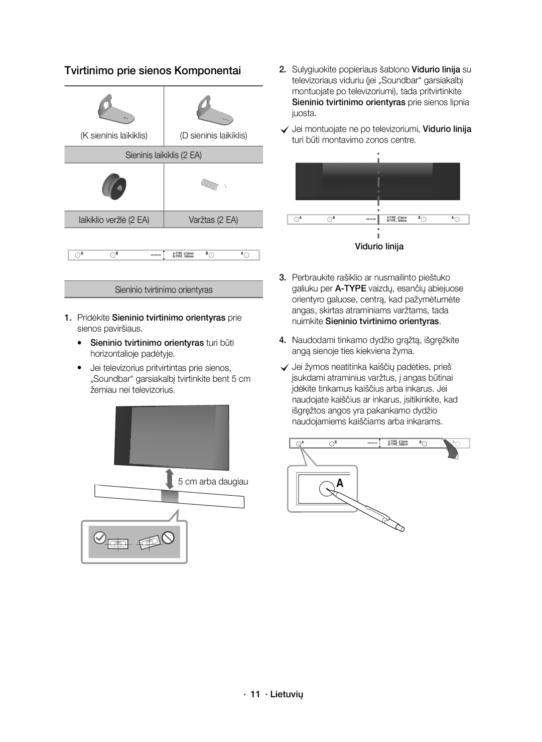 Samsung HW-K551/EN, HW-K550/EN manual Tvirtinimo prie sienos Komponentai, Sieninis laikiklis 2 EA, Vidurio linija 