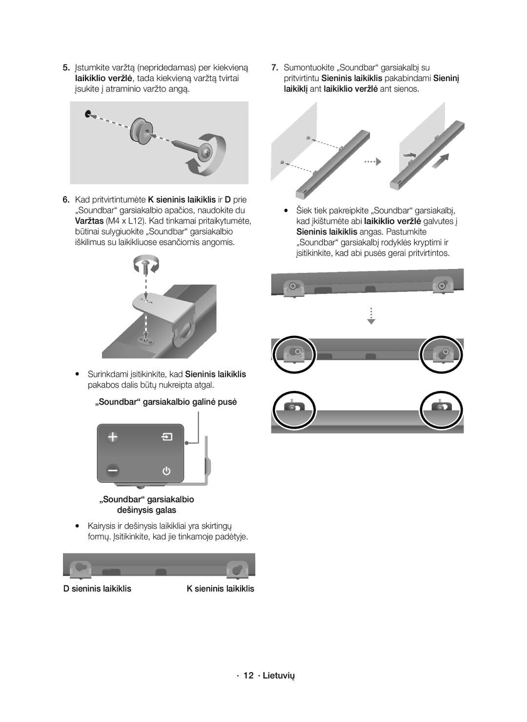 Samsung HW-K550/EN, HW-K551/EN manual „Soundbar garsiakalbio galinė pusė Dešinysis galas, Sieninis laikiklis · 12 · Lietuvių 