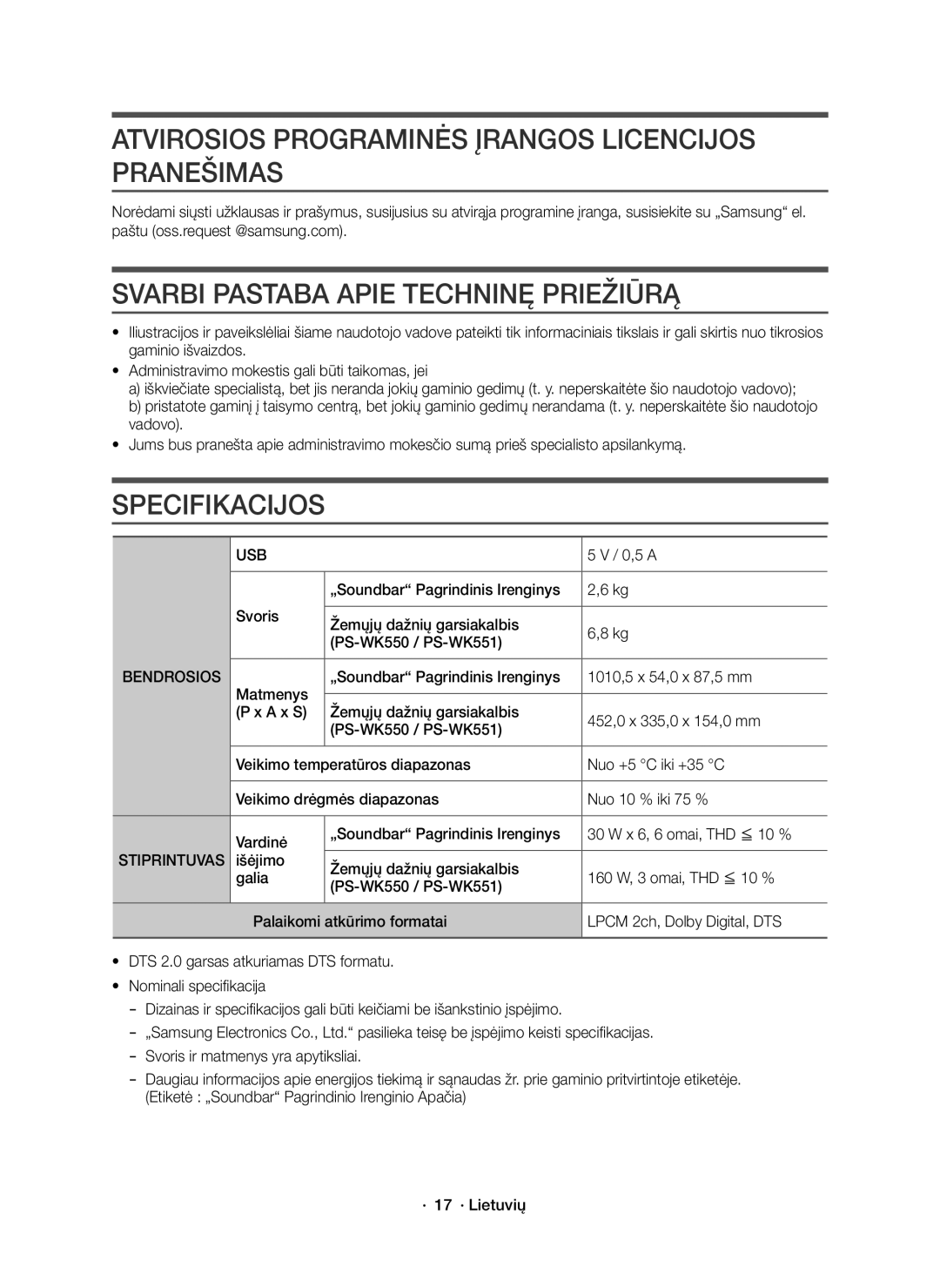 Samsung HW-K551/EN manual Atvirosios Programinės Įrangos Licencijos Pranešimas, Svarbi Pastaba Apie Techninę Priežiūrą 