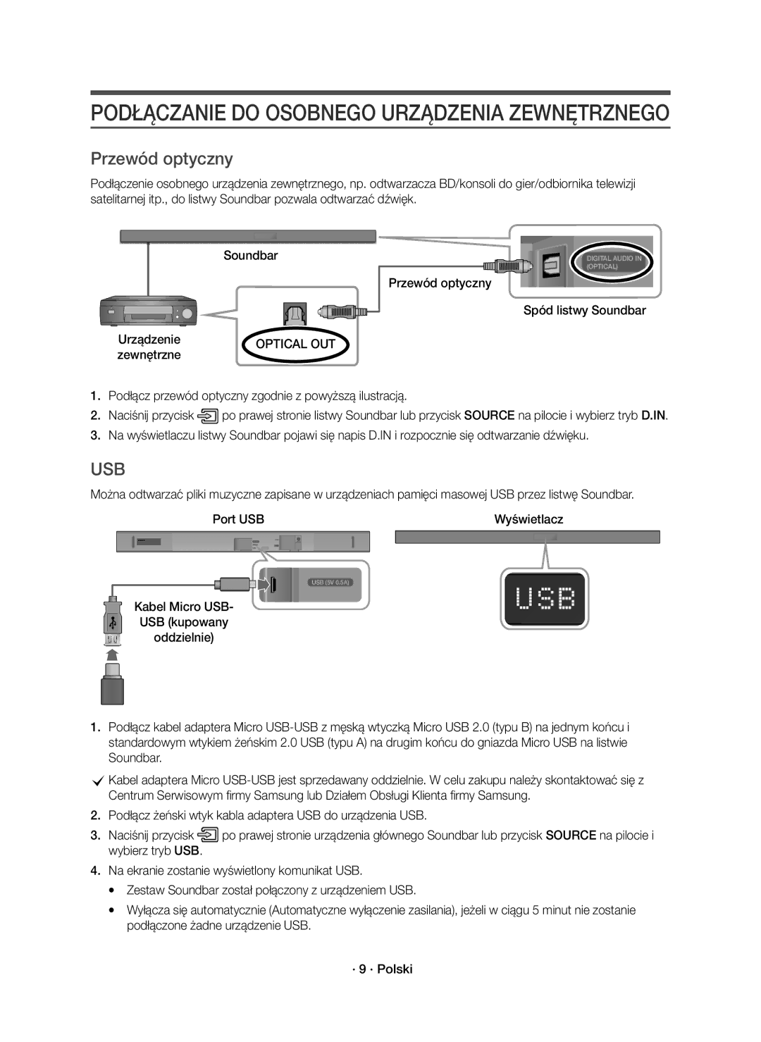 Samsung HW-K550/EN, HW-K551/EN manual Przewód optyczny, Urządzenie 