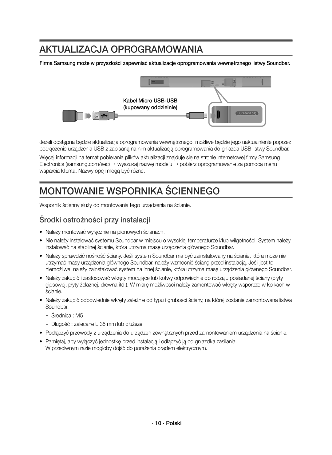 Samsung HW-K551/EN manual Aktualizacja Oprogramowania, Montowanie Wspornika Ściennego, Środki ostrożności przy instalacji 