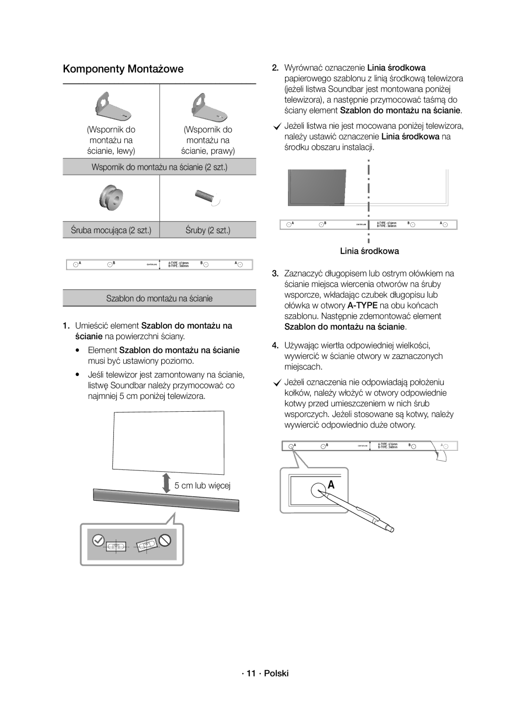 Samsung HW-K550/EN Komponenty Montażowe, Wspornik do montażu na ścianie 2 szt, Linia środkowa, Cm lub więcej · 11 · Polski 