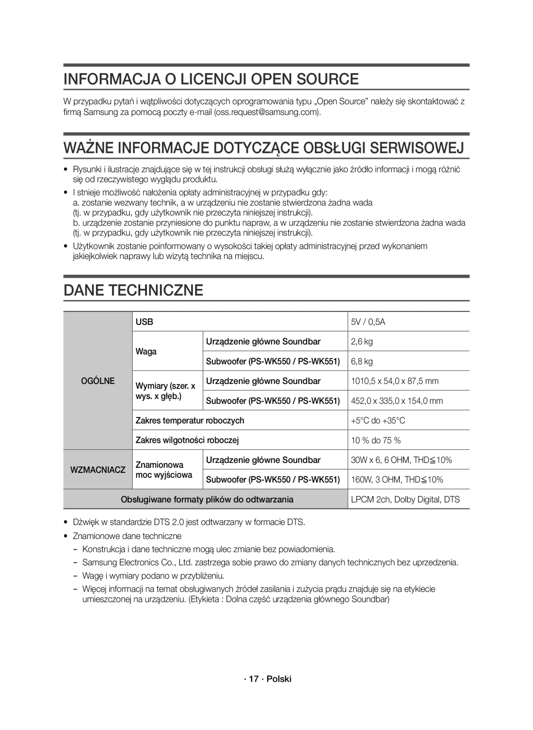 Samsung HW-K550/EN Informacja O Licencji Open Source, Dane Techniczne, Waga Urządzenie główne Soundbar, · 17 · Polski 