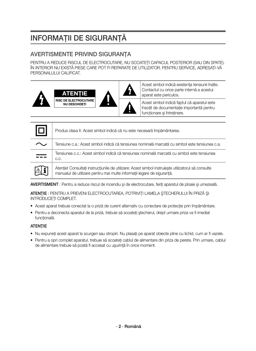 Samsung HW-K550/EN, HW-K551/EN manual Informaţii DE Siguranţă, Avertismente Privind Siguranţa, Atenţie 