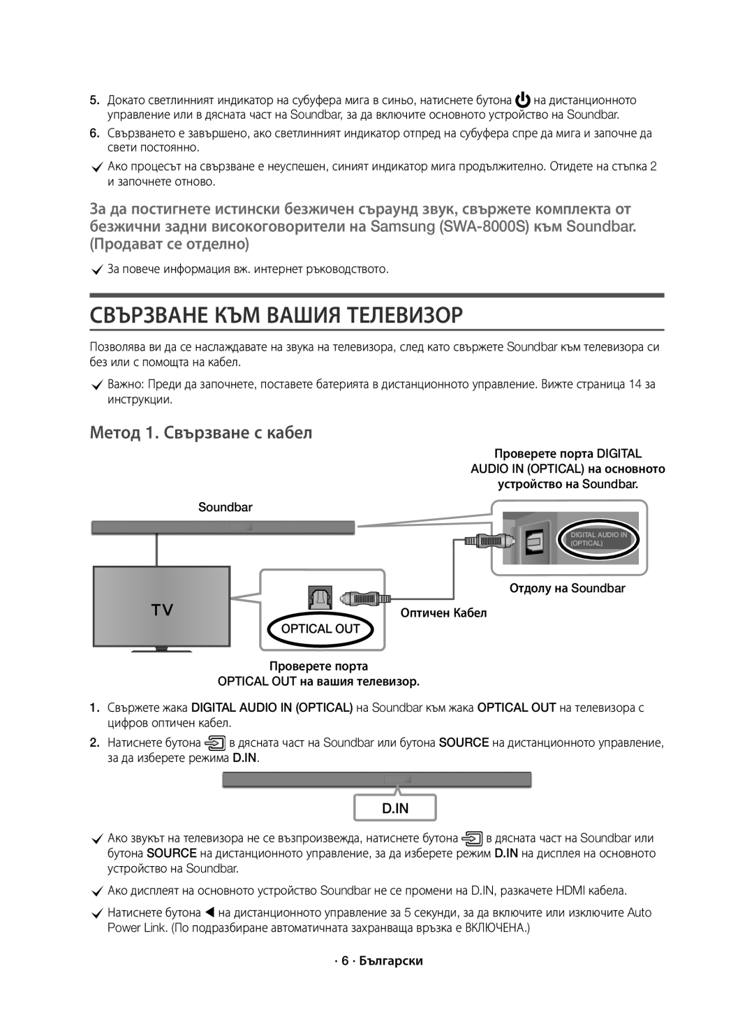 Samsung HW-K550/EN, HW-K551/EN Свързване КЪМ Вашия Телевизор, Метод 1. Свързване с кабел, Отдолу на Soundbar Оптичен Кабел 